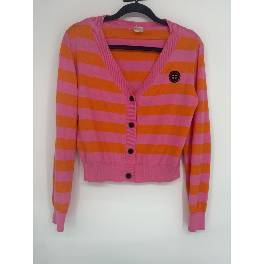 Spirit Coraline Button Bright Pink & Orange Stripes Sweater Cardigan Size M